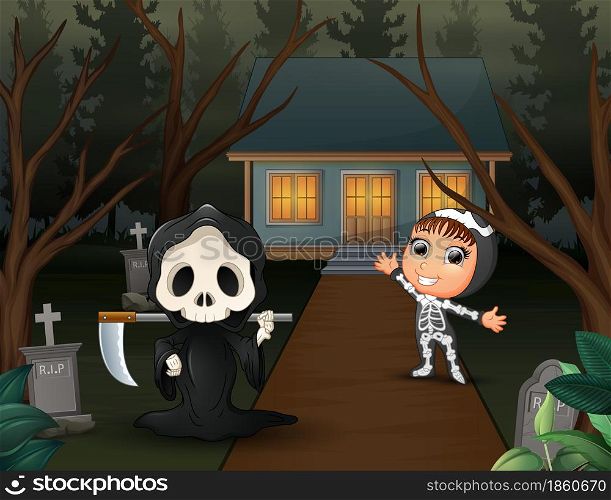 Happy cartoon of grim reaper and skeleton on the home page