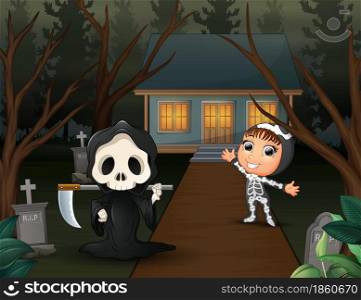 Happy cartoon of grim reaper and skeleton on the home page