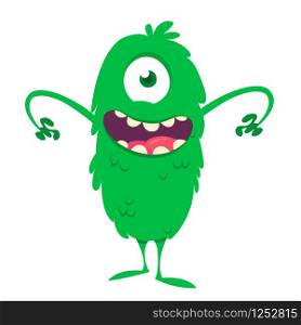 Happy cartoon one eyed green monster. Vector illustration of funny monster. Halloween design