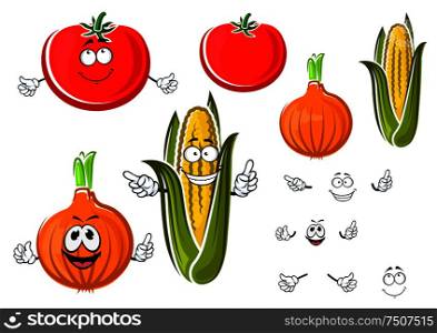 Happy cartoon onion, tomato and corn on the cob vegetables with smiling faces and waving arms. For agriculture or food themes design. Happy cartoon onion, tomato and corn