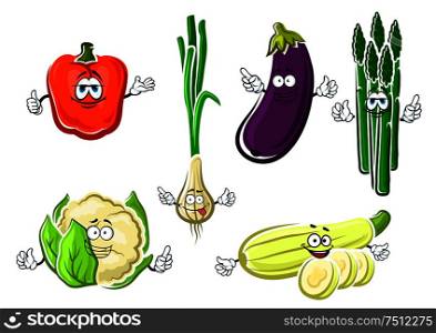 Happy cartoon organic red bell pepper, eggplant, green onion, zucchini, asparagus and cauliflower vegetable characters. For vegetarian food theme design. Cartoon happy organic vegetable characters