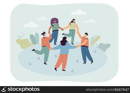 Happy cartoon people doing round dance together. Women dancing in circle while holding hands flat vector illustration. International communication, friendship concept for banner or landing web page