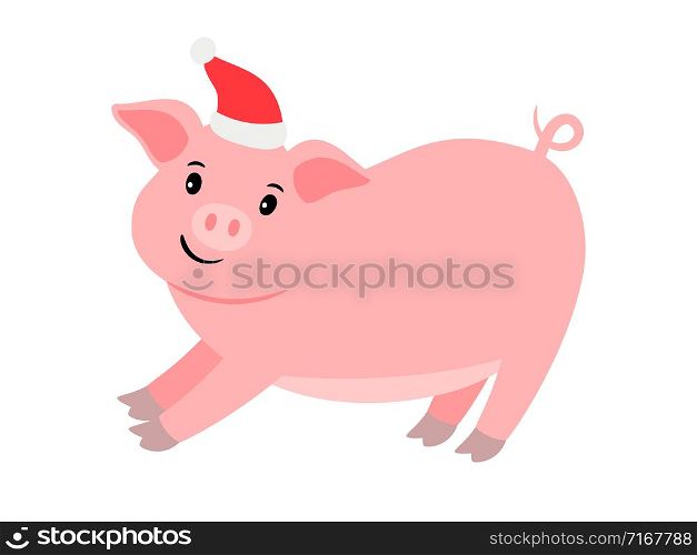 Happy cartoon pink pig in santa hat, vector illustration. Happy pink pig in santa hat