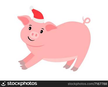 Happy cartoon pink pig in santa hat, vector illustration. Happy pink pig in santa hat
