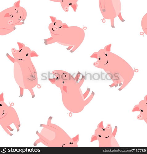 Happy cartoon pink pigs pattern with white background, vector illustration. Happy cartoon pink pigs pattern