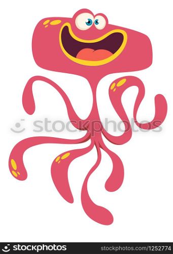 Happy cartoon red monster alien with tentacles. Vector Halloween illustration