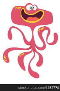 Happy cartoon red monster alien with tentacles. Vector Halloween illustration