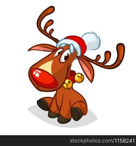 Happy cartoon red nose reindeer character Santa Claus Hat. Christmas vector illustration