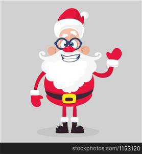 Happy cartoon Santa claus character waving hands isolated white background. Vector Christmas illustration