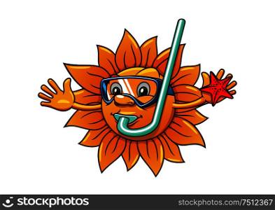 Happy cartoon sun character in diving mask and snorkel with red starfish in hand isolated on white background. For vacation, travel or mascot design. Cartoon sun in diving mask with starfish