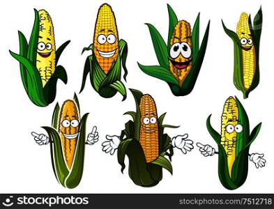 Happy cartoon sweet corn cobs characters with golden grains and green leaves, for agriculture or vegetarian food theme. Cartoon corn cobs with golden grains