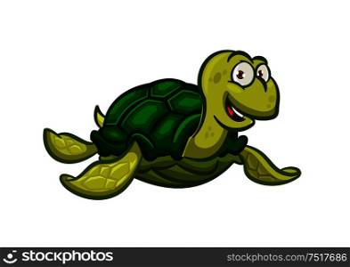 Happy cartoon swimming pacific turtle with dark green carapace with scaly pattern and olive colored skin. Cheerful smiling marine reptile character for nature mascot or t-shirt print design. Cartoon swimming sea turtle character