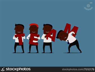 Happy cartoon team of african american businessmen are carrying big red letters to connect the word Team. Business team, teamwork and partnership concept . Business team with big word Team