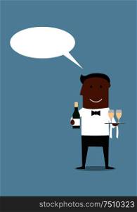 Happy cartoon waiter carrying a tray with wine glasses and a bottle of champagne in another hand with speech bubble above his head. Food service profession or restaurant concept usage. Happy waiter with bottle and wine glasses