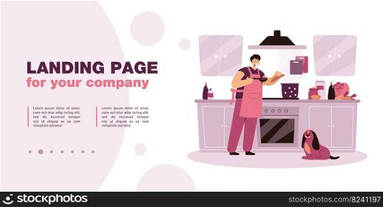 Happy cartoon woman cooking food at stove in kitchen. Female character in apron eating healthy, dog sitting on floor flat vector illustration. Food, preparation concept for banner, website design