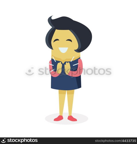 Happy Cartoon Woman Design. Happy cartoon woman design flat style. Young beautiful woman with trendy hairstyle applauding hands. Person girl drawing pretty and happiness smile face isolated on white. Vector illustration
