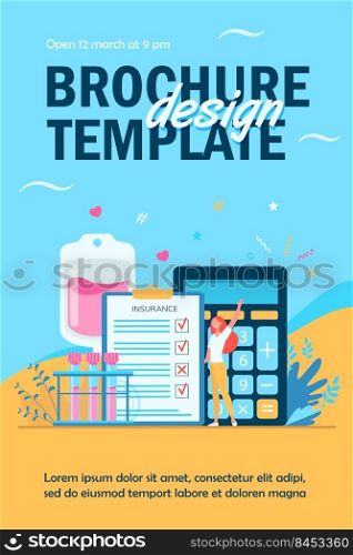 Happy cartoon woman holding health insurance. Insurance checklist with calculator and blood samples. Vector illustration for healthcare, medical assistance, service concepts