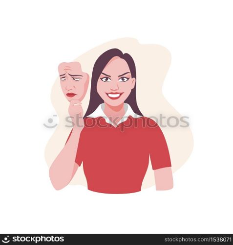 Happy cartoon woman holding sad mask vector graphic illustration. Portrait of female smiling face posing with fake sadness isolated on white background. Unhappy and positive facial expression. Happy cartoon woman holding sad mask vector graphic illustration