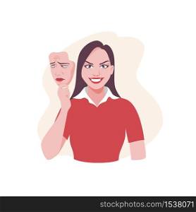 Happy cartoon woman holding sad mask vector graphic illustration. Portrait of female smiling face posing with fake sadness isolated on white background. Unhappy and positive facial expression. Happy cartoon woman holding sad mask vector graphic illustration
