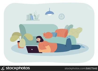 Happy cartoon woman lying on floor with laptop and cat on sofa. Girl working from home flat vector illustration. Remote work, freelancing, relaxation concept for banner, website design or landing page