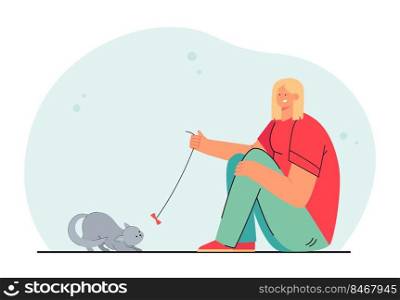 Happy cartoon woman playing with cat using bow on string. Female character with cute kitten flat vector illustration. Pets, domestic animals concept for banner, website design or landing web page