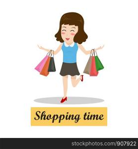 Happy cartoon woman walking with shopping bags - shopping time concept