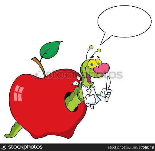 Happy Cartoon Worm In Apple With Speech Bubble