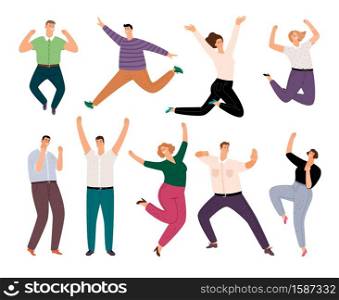 Happy casual people. Diverse casual clothing smiling persons, group of cartoon young adult men and women, jumping and smile lifestyle isolated on white. Happy casual people. Diverse casual clothing smiling persons, group of cartoon young adult men and women, jumping and smile lifestyle