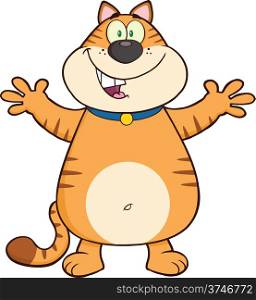 Happy Cat Cartoon Mascot Character With Open Arms For Hugging