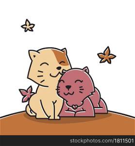 Happy Cat Couple Love Autumn Fall Season Cartoon