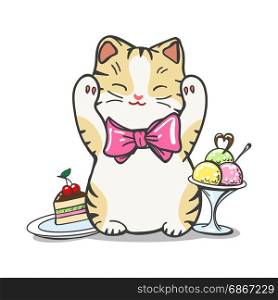 Happy cat, ice cream, and cake. Cute kitten with pink bow and sweet desserts. Vector hand drawn happy cat, ice cream, and cake isolated on white