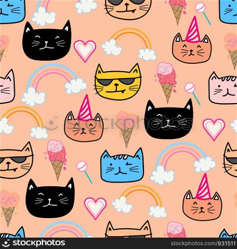 Happy cat seamless pattern background. Vector illustration.