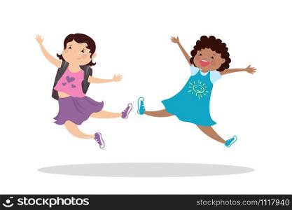 Happy caucasian and african american girls in a jump,enjoying schoolgirls,isolate on white background,cartoon vector illustration. Happy caucasian and african american girls in a jump,enjoying sc