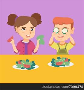 Happy caucasian boy and girl playing with vegetables. Little children having fun with vegetables. Cheerful kids sitting at the table with vegetables. Vector cartoon illustration. Square layout.. Caucasian boy and girl playing with vegetables.