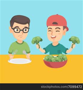 Happy caucasian boy sitting at the table and eating broccoli with pleasure while his sad brother does not want to eat broccoli. Healthy nutrition for kids. Vector cartoon illustration. Square layout.. Two caucasian boys eating broccoli.