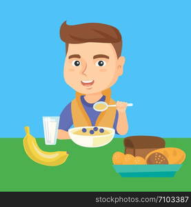 Happy caucasian boy sitting at the table with bowl of porridge, bread, banana and glass of milk. Little boy eating porridge with blueberries for breakfast. Vector cartoon illustration. Square layout.. Caucasian boy eating porridge for breakfast.