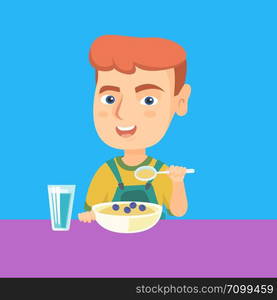 Happy caucasian boy sitting at the table with bowl of porridge with blueberries and glass of water. Little boy eating porridge with berries for breakfast. Vector cartoon illustration. Square layout.. Caucasian boy eating porridge for breakfast.