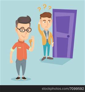 Happy caucasian business man showing key on the background of young man looking at door. Concept of making the right decision in business. Vector flat design illustration. Square layout.. Making the right decisions in business.