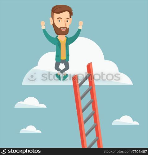 Happy caucasian business man sitting on a cloud with ledder. Successful business man relaxing on a cloud. Business man with rised hands on a cloud. Vector flat design illustration. Square layout.. Happy business man sitting on the cloud.