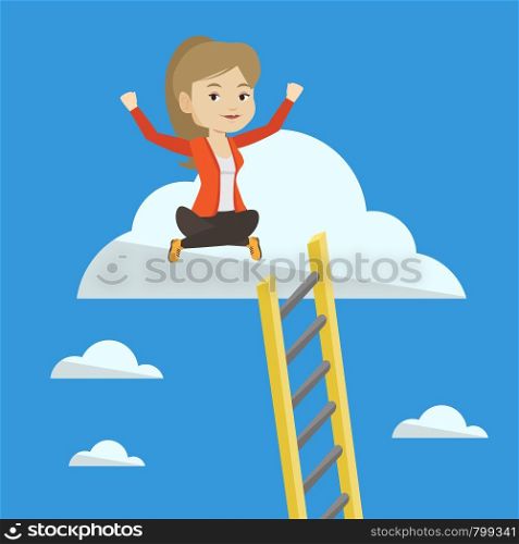 Happy caucasian business woman sitting on a cloud with ledder. Successful business woman relaxing on a cloud. Business woman with rised hands on a cloud. Vector flat design illustration. Square layout. Happy business woman sitting on the cloud.