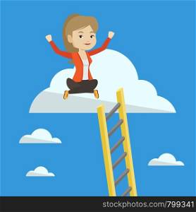 Happy caucasian business woman sitting on a cloud with ledder. Successful business woman relaxing on a cloud. Business woman with rised hands on a cloud. Vector flat design illustration. Square layout. Happy business woman sitting on the cloud.