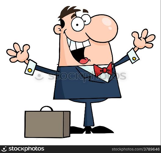 Happy Caucasian Businessman Holding His Arms Up By A Briefcase
