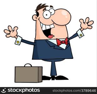 Happy Caucasian Businessman Holding His Arms Up By A Briefcase