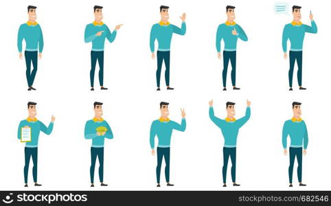 Happy caucasian businessman holding money. Excited businessman standing with money in hands. Full length of businessman with money. Set of vector flat design illustrations isolated on white background. Vector set of illustrations with business people.