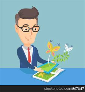 Happy caucasian businessman holding tablet computer above the book and looking at butterflies flying out from the device. Concept of agmented reality. Vector flat design illustration. Square layout.. Augmented reality vector illustration.