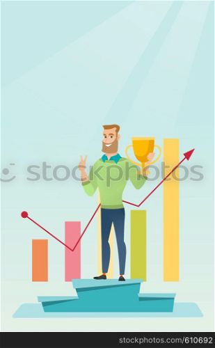 Happy caucasian businessman on a pedestal with business award. Cheerful smiling businessman celebrating his business award. Concept of business award. Vector flat design illustration. Vertical layout.. Businessman proud of his business award.