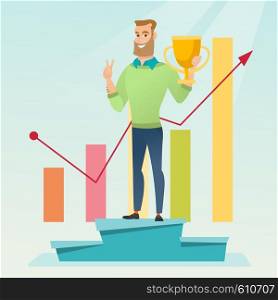 Happy caucasian businessman on a pedestal with business award. Cheerful smiling businessman celebrating his business award. Concept of business award. Vector flat design illustration. Square layout.. Businessman proud of his business award.