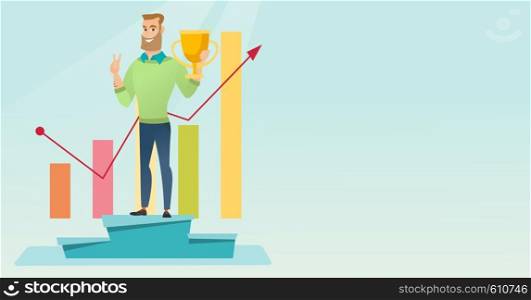 Happy caucasian businessman on a pedestal with business award. Cheerful smiling businessman celebrating business award. Concept of business award. Vector flat design illustration. Horizontal layout.. Businessman proud of his business award.