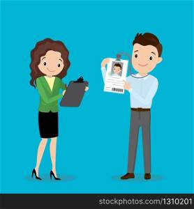 Happy caucasian businessman or office worker holding badge with id,photo and qr code,female secretary on check in,Flat Vector illustration