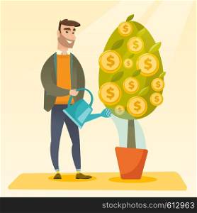 Happy caucasian businessman watering financial tree. Smiling businessman investing in future financial safety. Businessman taking care of finances. Vector flat design illustration. Square layout.. Man watering financial tree vector illustration.